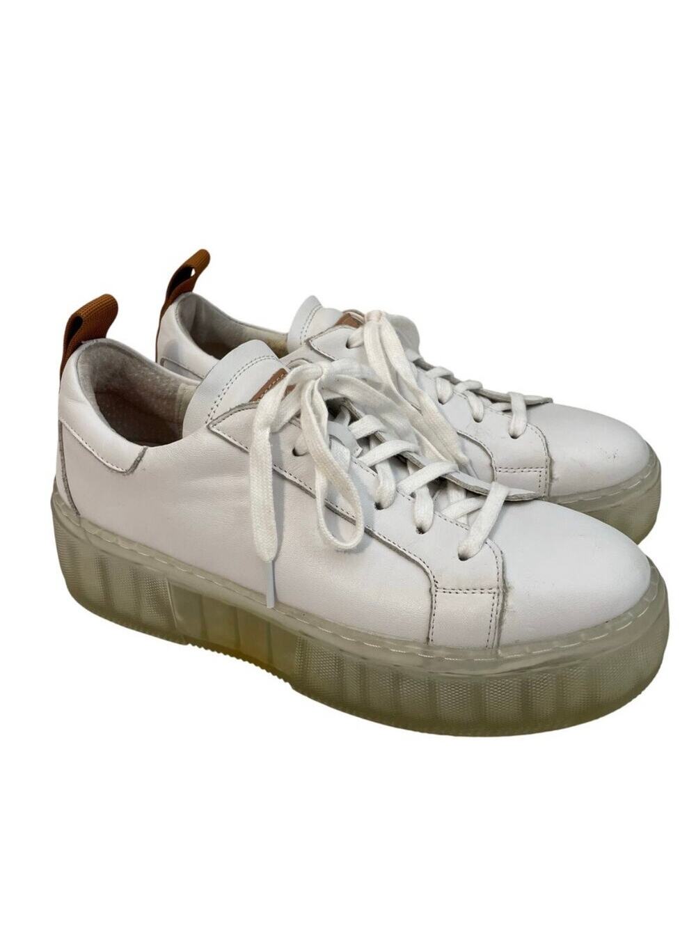 42 Gold Women's Platform Sneaker Low Top White Leather Lace Up Clear Sole 8.5